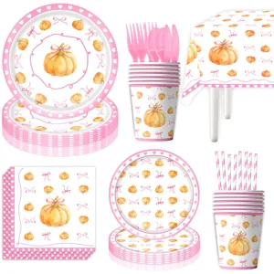 Set Vajilla Fiesta Calabaza Rosa Platos de Papel Vasos Servilletas Mantel Decor