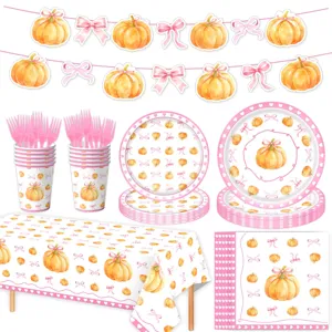 Conjunto Vajilla Desechable Fiesta Tema Calabaza Lazo Platos Vasos Servilletas Mantel