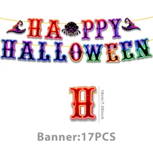 Halloween Party Banner Set mit bunten Neon Buchstaben sowie gruseligen Party Requisiten.