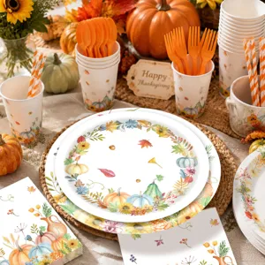 Herbst Thanksgiving Party Einweg Pappteller Becher Servietten Set mit Kürbis und Ahornblatt.