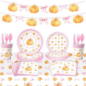 Conjunto de vajilla desechable de fiesta calabaza lazo con platos vasos servilletas mantel.