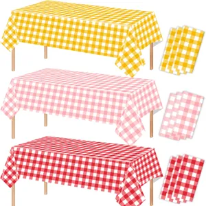 Disposable waterproof checkered tablecloth detail showing red yellow pink color options and napkins.