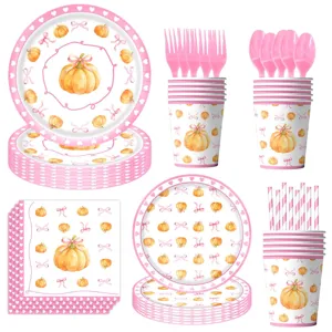 Conjunto de vajilla de fiesta de calabaza rosa platos vasos desechables para otoño