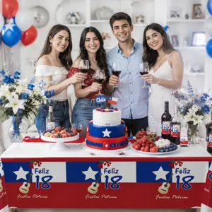 Chilean Independence Day disposable tablecloth, red white blue party table cover decor.