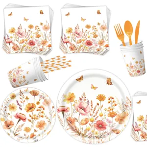 Set stoviglie per feste con fiori autunnali inclusi piatti di carta tazze e tovaglioli.