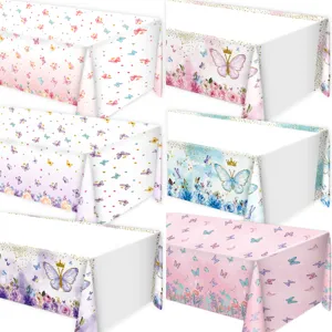 Spring butterfly flower disposable PE tablecloth detail view showing six colorful party styles.