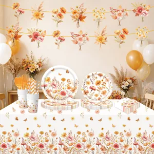 Set di stoviglie per feste con fiori autunnali, piatti, bicchieri, tovaglioli, tovaglia e striscione.