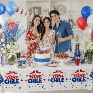 Festive party detail scene featuring a Chilean theme tablecloth, balloons and celebration.