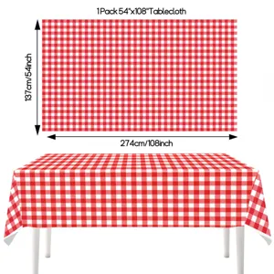 Detailed view of red and white gingham tablecloth, showing layout, dimensions and table drape.