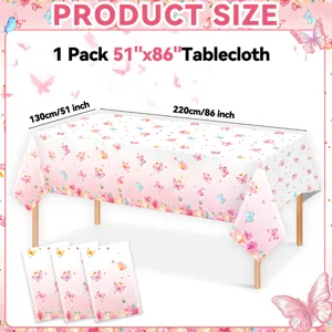 Spring floral and butterfly PE tablecloth detail showing size 130x220cm and 1-pack packaging.