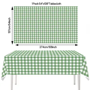 Green and white checkered disposable tablecloth, 54x108 inch waterproof party table cover.