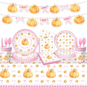 Conjunto vajilla fiesta calabaza lazo rosa platos vasos servilletas mantel guirlanda