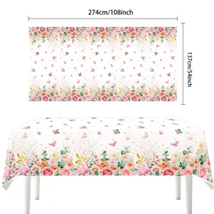 Disposable PE tablecloth featuring a spring watercolor floral and butterfly design for parties.