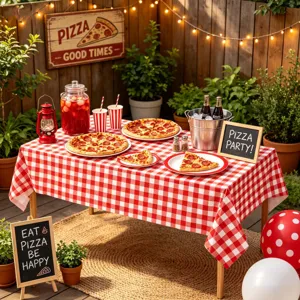 Red and white checkered tablecloth detail, perfect for outdoor pizza parties and picnics.