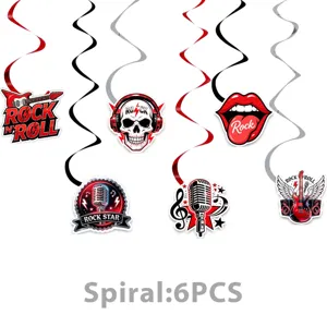 Decoraciones de fiesta colgantes temáticas de rock and roll con calavera y tarjetas de guitarra.