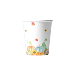 Herbst Erntedank Pappbecher mit Aquarell Kürbis und Ahornblatt Druck für Partydekoration.