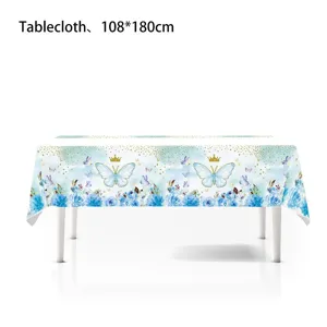 Spring floral butterfly print disposable PE tablecloth detail, perfect for party and picnic decoration.