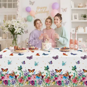 Spring floral butterfly printed disposable PE tablecloth for party and picnic decor details.