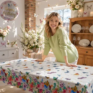 Spring floral butterfly disposable PE tablecloth for party decoration, picnic, and gathering.