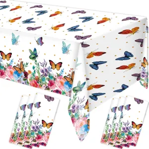 Detail shot of the butterfly and floral printed PE tablecloth and napkin set for party decor.