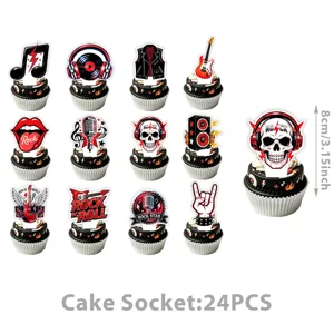 Set de 24 adornos para cupcakes con tema de musica rock para decoracion de pasteles.