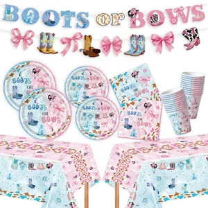 Boots Or Bows Gender Reveal Party Supplies Pink Blue Cowboy Theme Tableware Paper Plates Cups Napkins Banner Cake Topper Decor