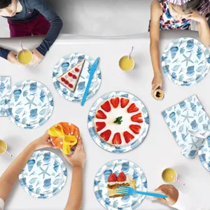 Blaue Ozean Muschel und Seestern Party Pappteller Tassen Tischdeko Detailansicht Set