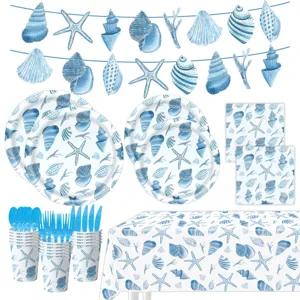 Sommer blaue Ozean Muschel Seestern Party Set Pappteller Becher Servietten Tischdecke Banner