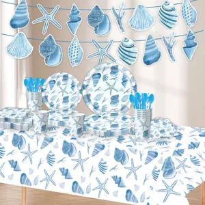 Sommer blaue Ozean Muschel Seestern Party Geschirr Set Pappteller Becher Servietten Tischdecke