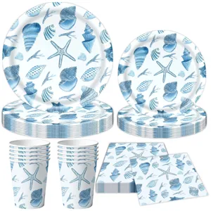 Blaue Ozean Muschel Seestern Party Geschirr Set, Pappteller, Becher und Servietten Geburtstag.