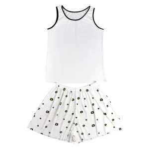 Women summer rib cotton pajama set sleeveless tank top and floral print shorts casual wear