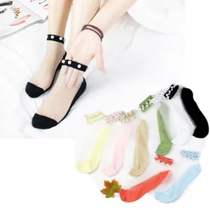 Calcetines de Seda de Vidrio Transparente con Perlas para Mujer Malla de Cristal Fina de Verano Estilo Japonés Calcetería con Perlas