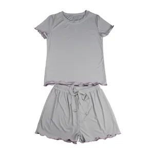Women summer grey short sleeve pajama set with lettuce edge trim comfortable sleepwear