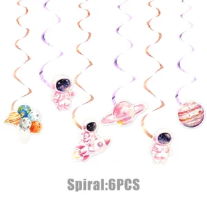 Decoraciones de fiesta colgantes de astronauta rosa remolinos espacio set de 6