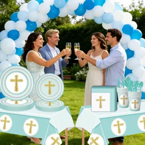 Details zum blauen Taufe Kreuz Party Geschirr Set, inklusive Papiertellern, Bechern und Tischdecke.