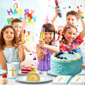 Blaue Taufe Kreuz Thema Party Geschirr Set Papiertassen Serviette Kuchen Dekor Detailansicht