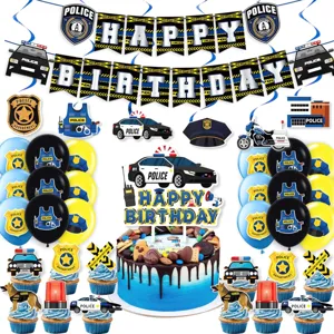 Polizei Thema Geburtstag Party Deko Set mit Banner Luftballons Kuchenaufsatz Becher.
