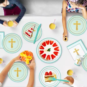 Blaues Taufe Kreuz Motiv Party Geschirr Set mit Papptellern, Bechern und Servietten fuer Feier
