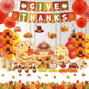 Thanksgiving Party Deko Set Pappteller Becher Servietten Banner Truthahn Herbst Festbedarf