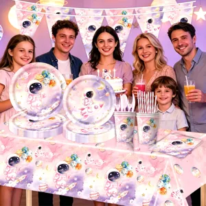 Rosa Aquarell Astronaut Weltall Thema Geburtstag Party Geschirr Set Teller Becher Decke.