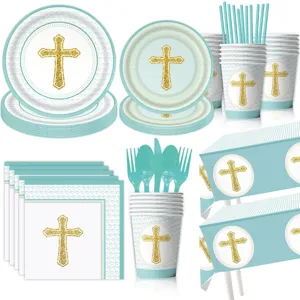 Blaues Taufe Kreuz Party Geschirr Set mit Pappteller, Bechern, Servietten und Tischdecke.