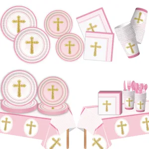 Rosa Kreuz Thema Geburtstag Party Geschirr Set Einweg Pappteller Becher Servietten Fur Baby Taufe Ort Dekoration