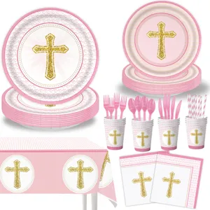 Rosa Kreuz Party Geschirr Set Taufe Party Dekoration Pappteller Becher Tischdecke