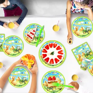 Vogelscheuche Traktor Party Einweggeschirr Pappteller Becher und Servietten Set für Kinder.