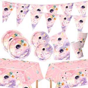 Rosa Batik Sternenhimmel Astronaut Geburtstag Party Geschirr Pappteller Servietten Becher Tischdecke Wimpel Banner Kinder Weltraum Thema Deko