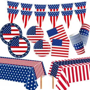 US Flagge Patriotische Thema Partygeschirr Set Pappteller Becher Servietten Banner Tischdecke Für Unabhängigkeitstag Deko Zubehör