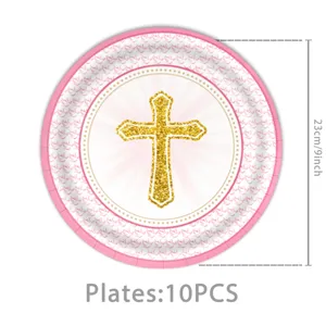 Rosa Kreuz Pappteller für Babytaufe Party, 23cm 9inch Größe, 10 Stück pro Packung Geschirr.