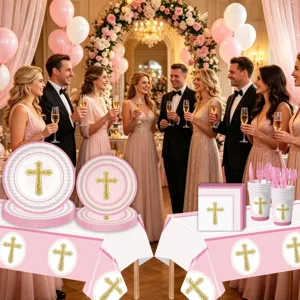 Rosa Kreuz Babytaufe Party Pappteller Becher Servietten Tischdecke Geschirr Set Deko