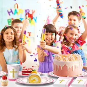 Rosa Kreuz Party Geschirr Set fuer Babytaufe, Papierteller, Becher und Servietten Zubehoer.