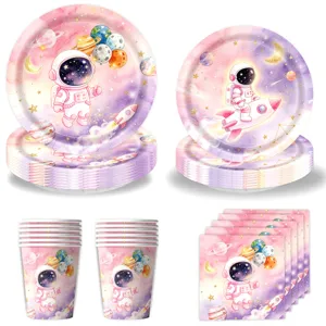 Rosa Tie-Dye Galaxie Astronaut Geburtstag Party Geschirr Set Pappteller Becher Servietten